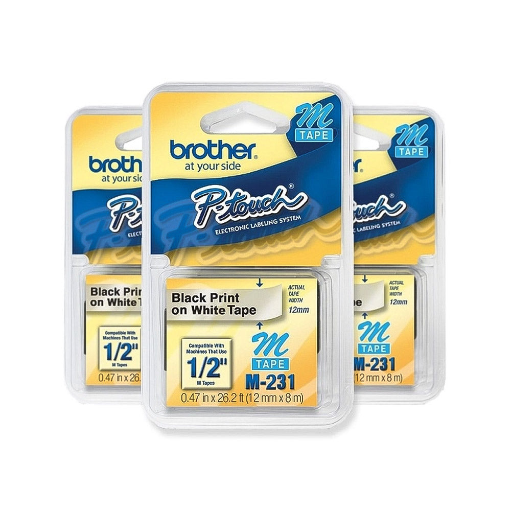 Fita para Rotulador Brother 12mm M231 Branca Pacote Com Escrita Preta com 3 Unidades