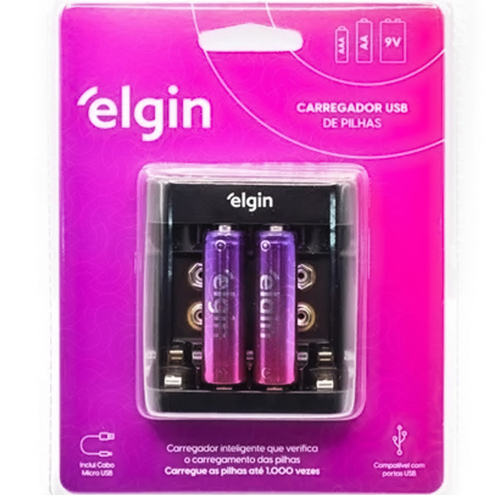 Carregador De Pilhas E Bateria Usb + 2 Pilhas AA 9V - Elgin