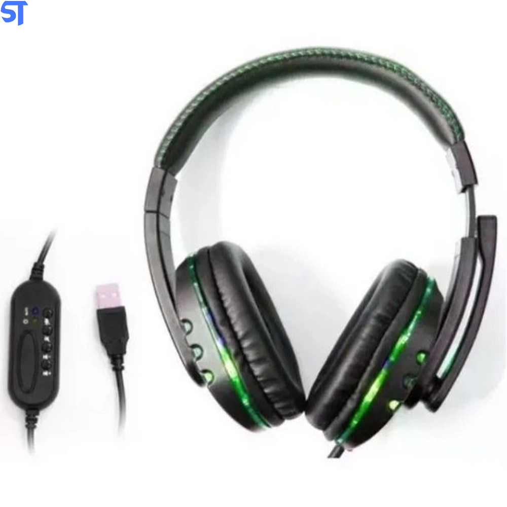 Fone De Ouvido HeadPhone Game Com Leds e Conexão Usb E Controle KP-359- Verde