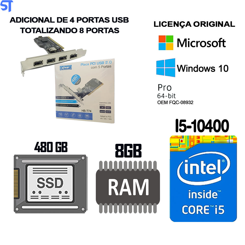 Computador Core i5- 10400-4.3GHz- HD SSD 480GB - Memória 8GB 2666 Mhz- GaB MT32BK Com 8 Portas USB Windows10