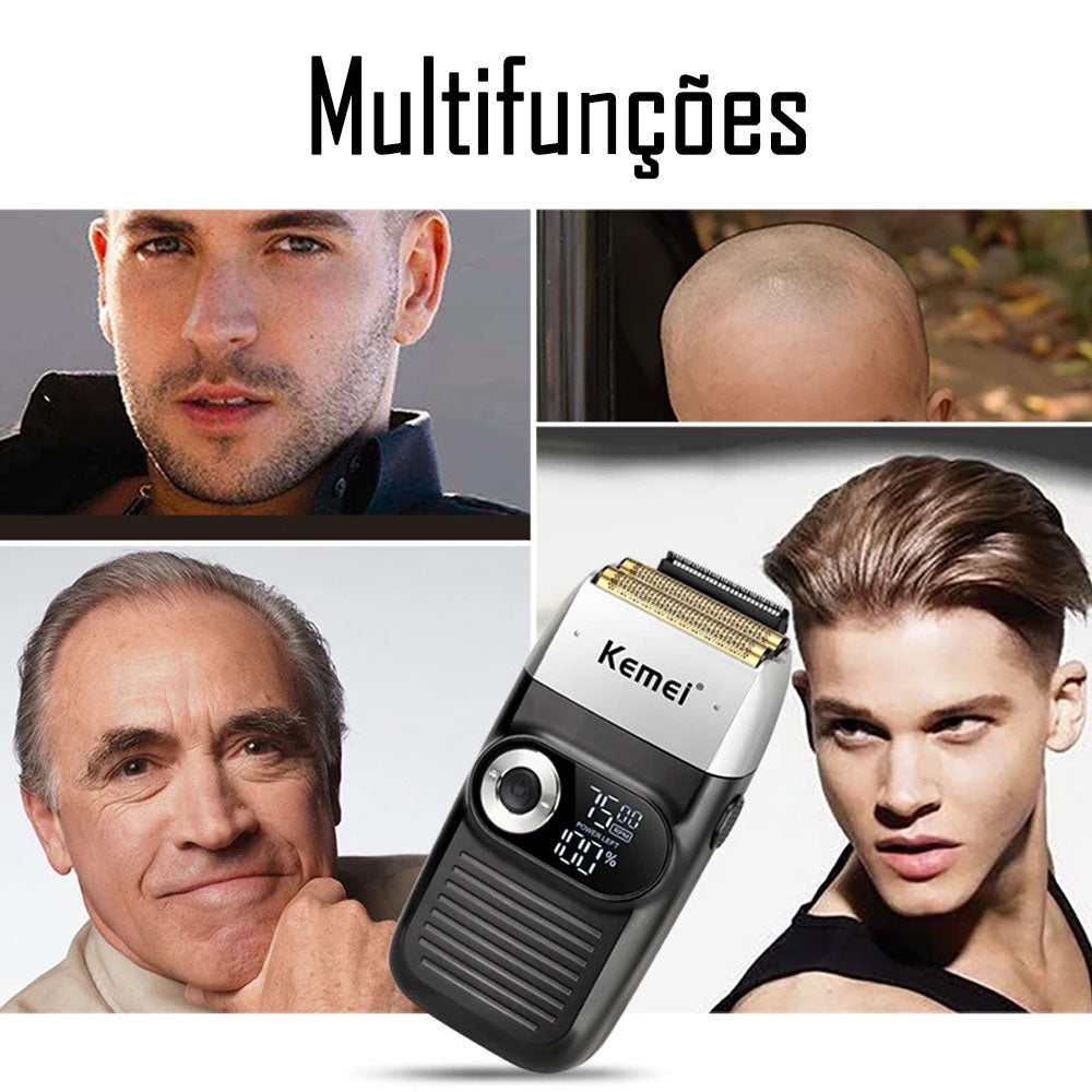 Barbeador Elétrico Masculino Á Prova D'água Remoção de Pelos Kemei 1400 mAh Com Duas Lâminas - KM-2026-Beard - Preto