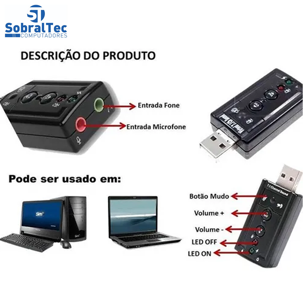 Placa De Som Ext. Usb - SKNUP - HB-T64 Som Virtual 7.1 E Microfone