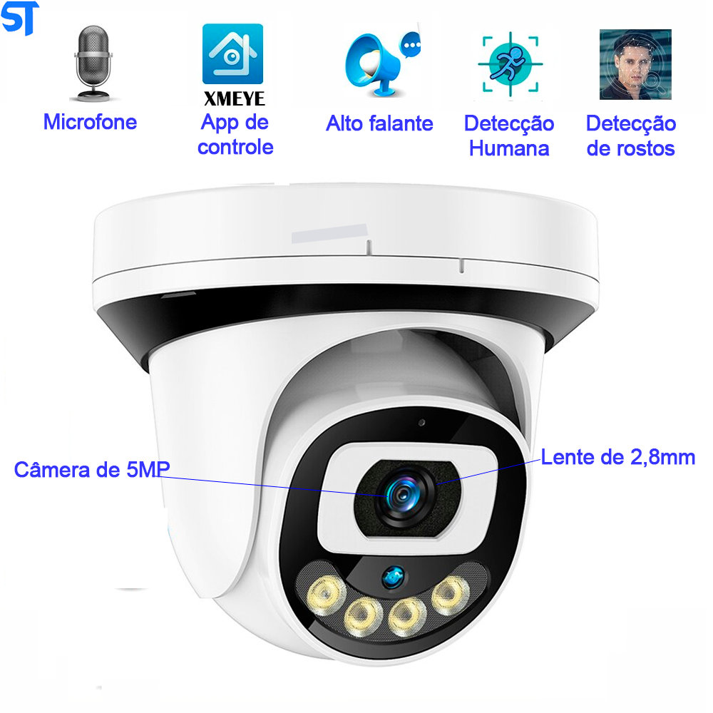 Câmera IP Dome 5MP 2K Full-HD-Detecção De Movimento-Dual Array Leds IR / Visão Noturna-Onvif NVR Áudio de duas vias