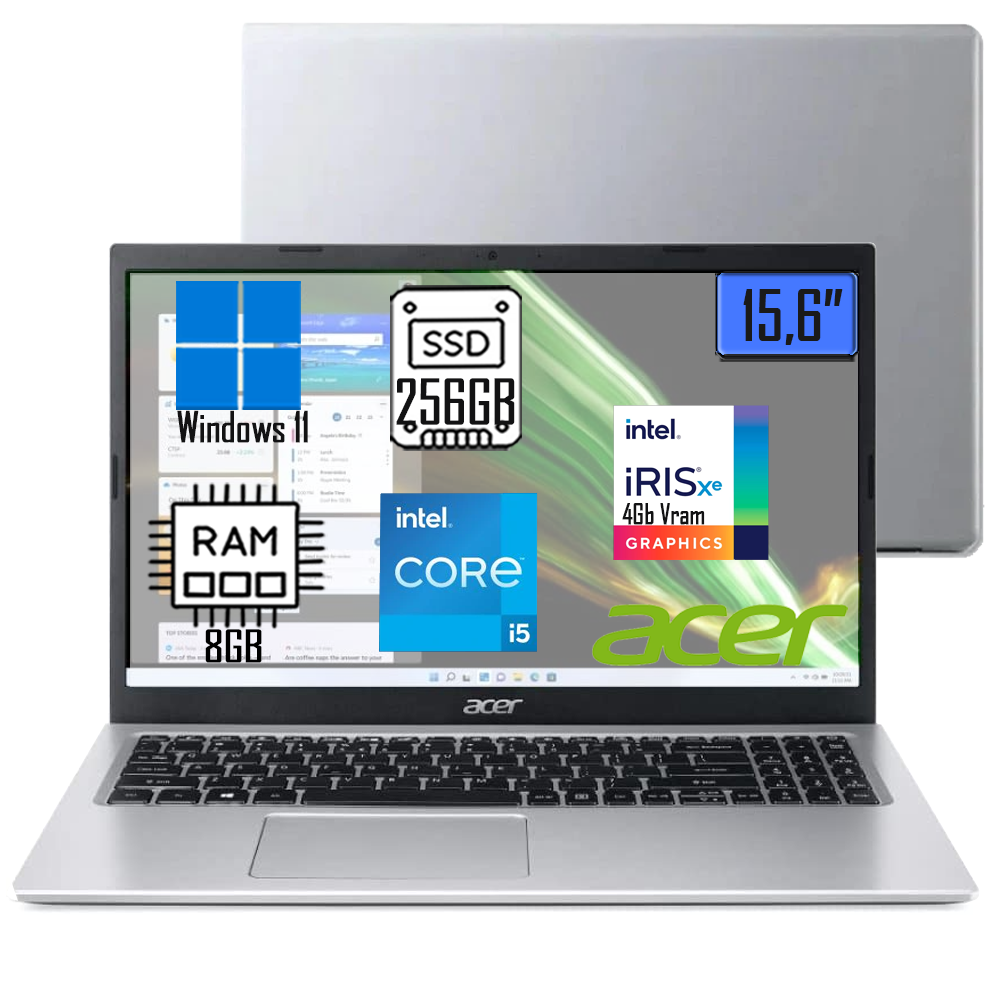 Notebook Acer Aspire A315-58-573P, Core i5 1135G7, 8GB, 256GB SDD, (Intel Iris X Graphics) Windows 11. 15,6” LED FHD Pra