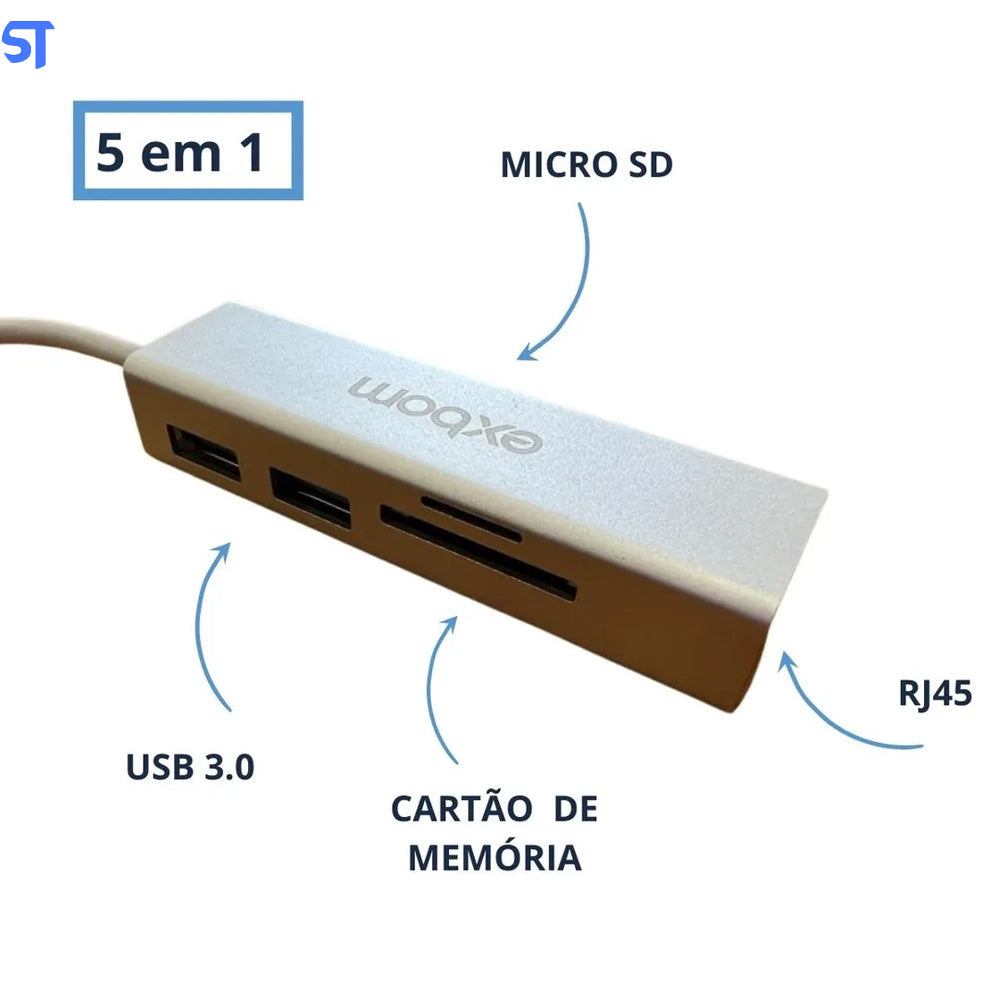 HUB Dock de Expansão com 2 Portas USB 3.0 + Leitor de Cartão TF/SD + Ethernet RJ45 10/100Mbps UHL-R350 - Exbom