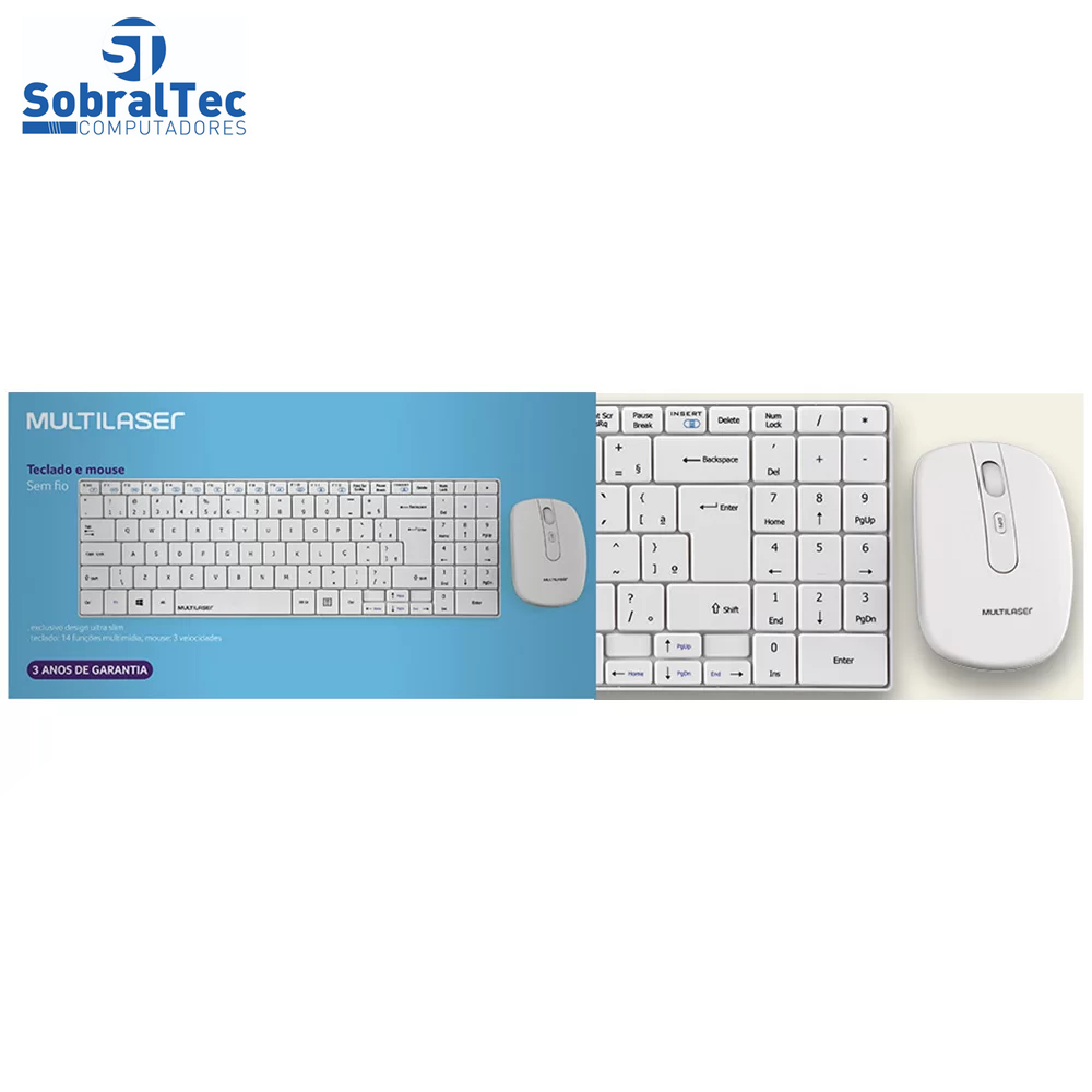 Teclado e Mouse Multilaser Sem Fio 2.4 Ghz Multimídia Slim Usb Branco - TC203