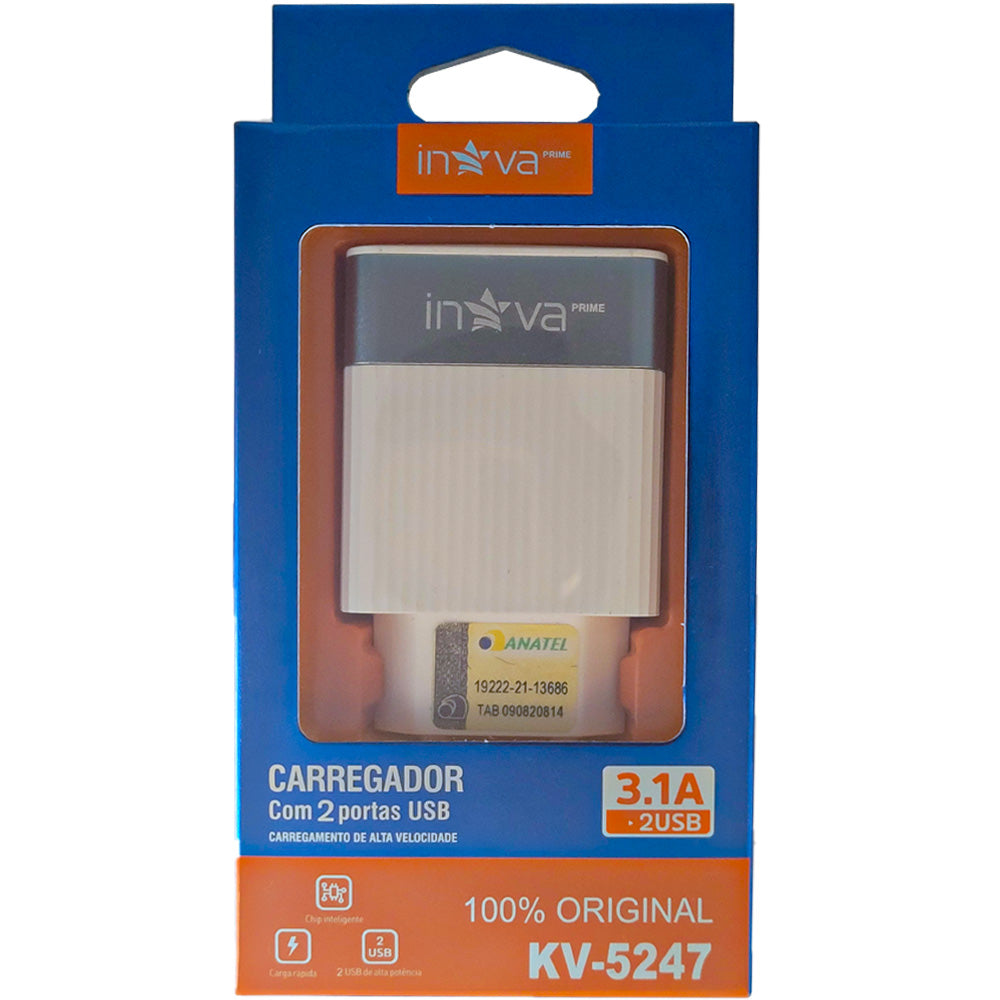 Fonte Carregador Rápido Com 2 Portas USB A 3.1A Inova Branco Com Cinza - KV-5247