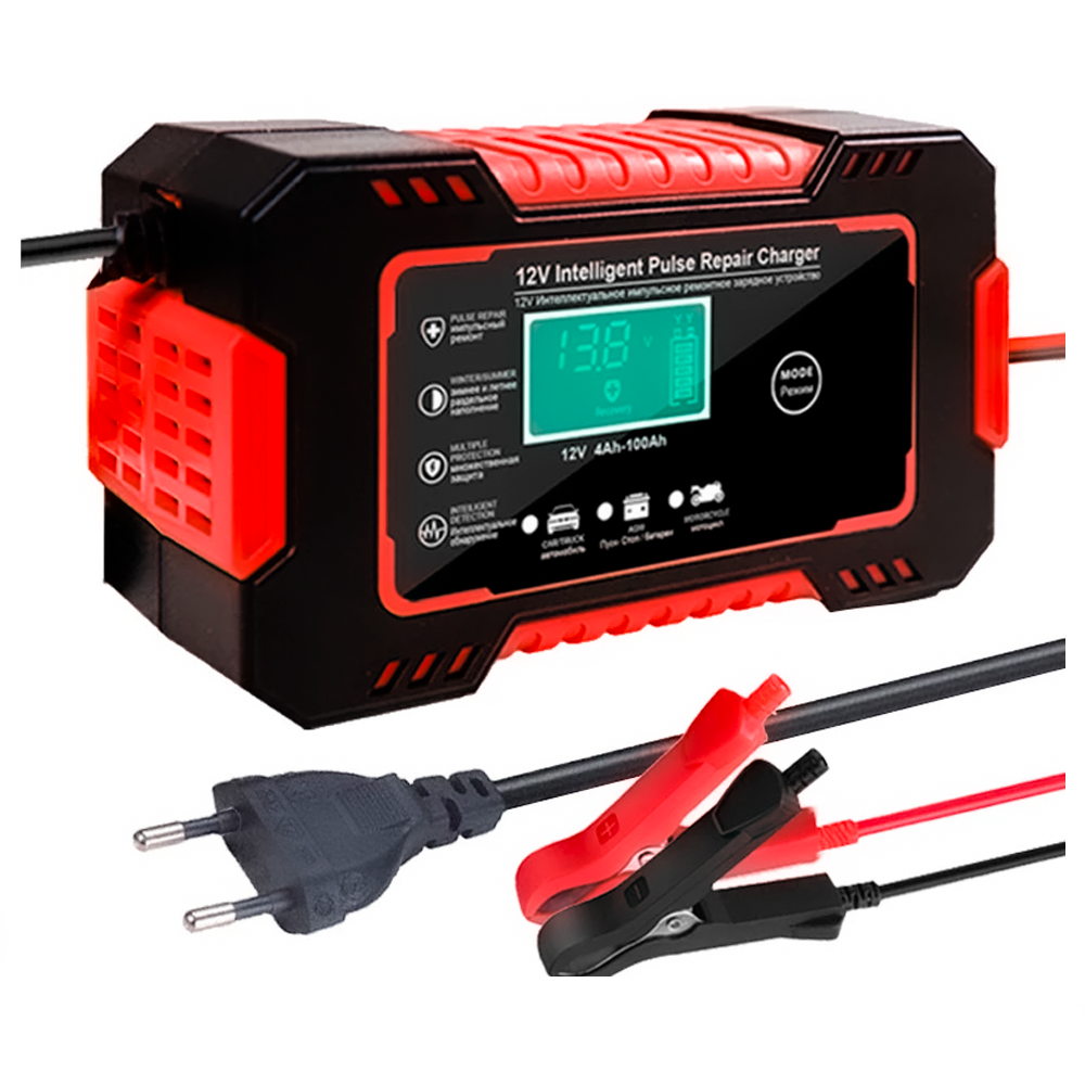 Carregador de Bateria de Carro 12V Carga Rápida Com Display Lcd Inteligente - Vermelho