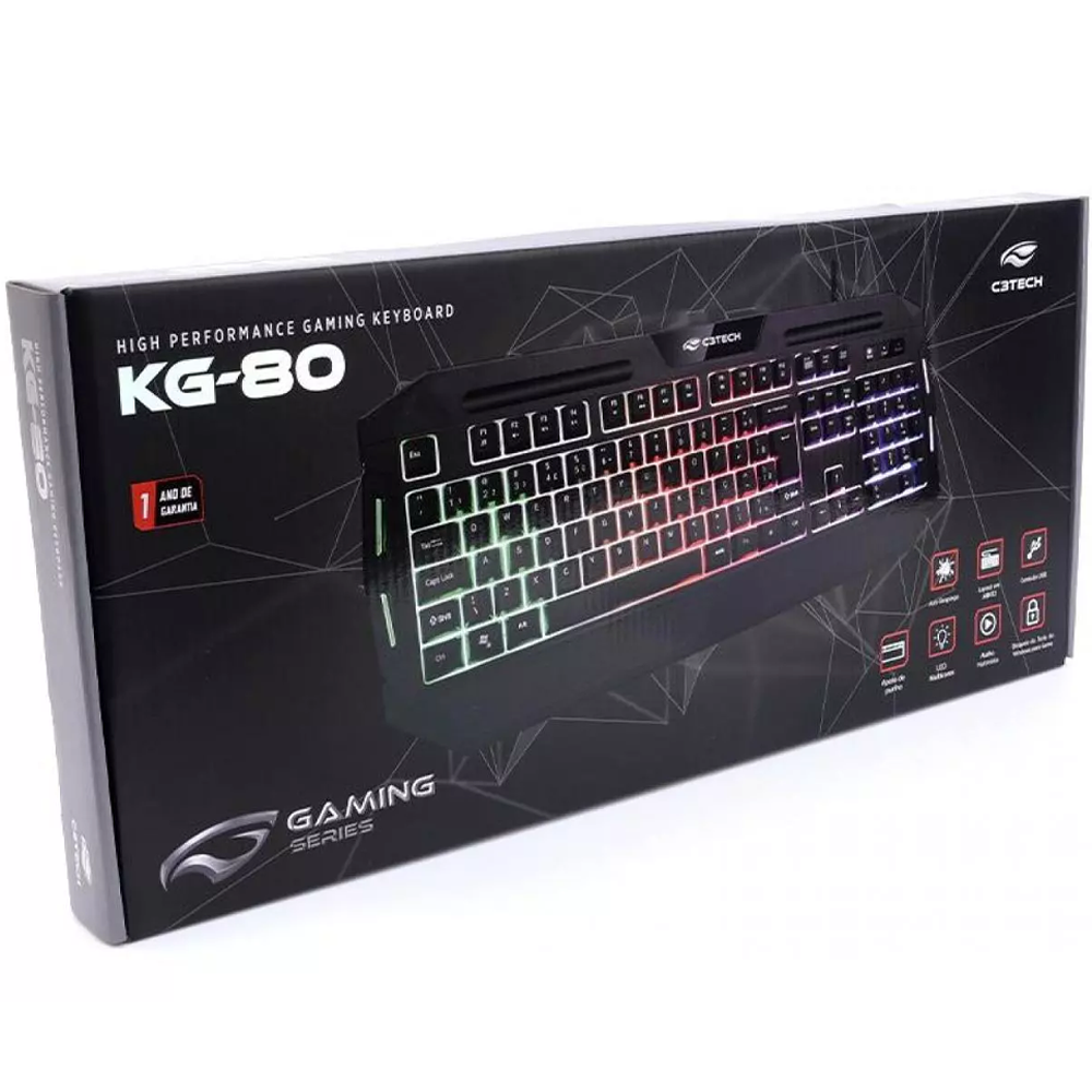 Teclado Gamer C3Tech, LED Multicolorido, USB, Anti-Ghosting, ABNT2, Preto - KG-80BK