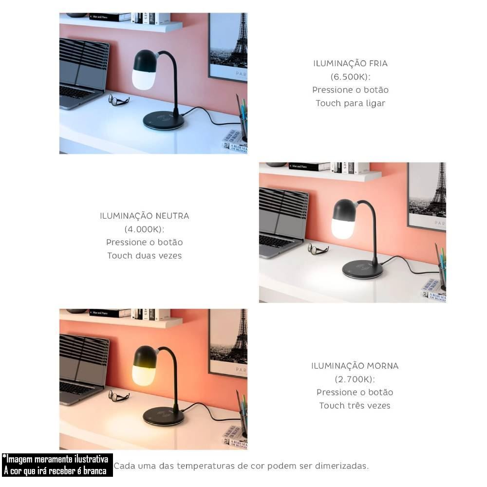 Luminária de Mesa Lumi Play LED Elgin 3 em 1 Luminaria Caixa Som e Carregador Sem Fio - Elgin - Branco