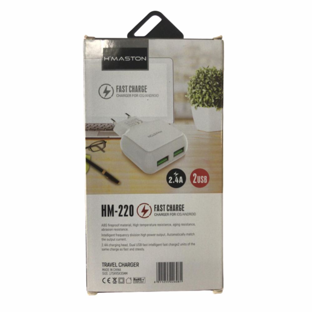 Carregador Celular V8 Com Cabo 2 Usb 2.4a 5v Fast Charge H'maston HM-220