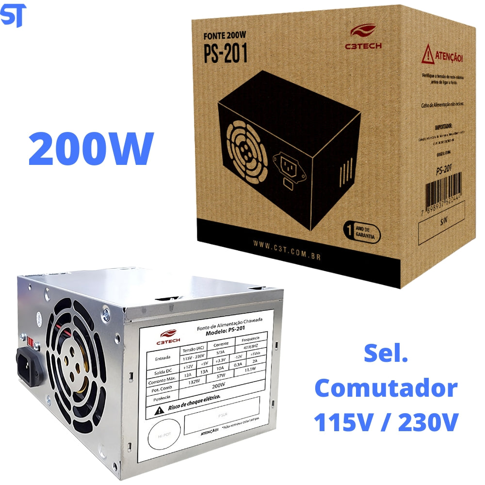 Fonte ATX 200W PS-201 Fan 8Cm S/Cabo C3Tech