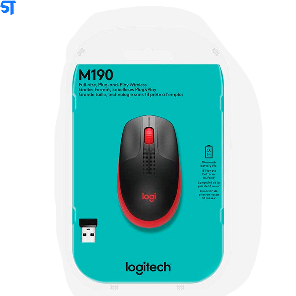 Mouse sem fio Logitech M190 com Design Ambidestro de Tamanho Padrão, Conexão USB e Pilha Inclusa - Vermelho