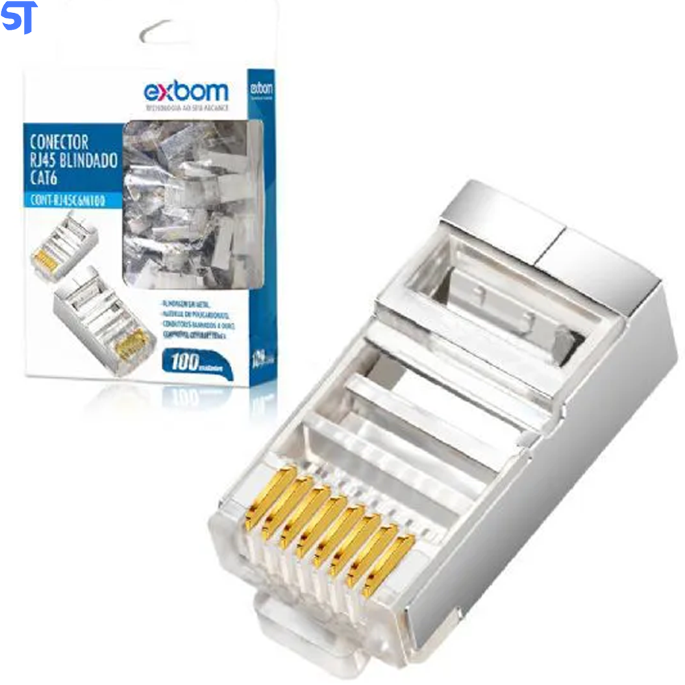Conector Rj45 Cristal Blindado 8p8c Cat6e Exbom C6m100 Sup Gigabit Ethernet 30m Banhado de Ouro