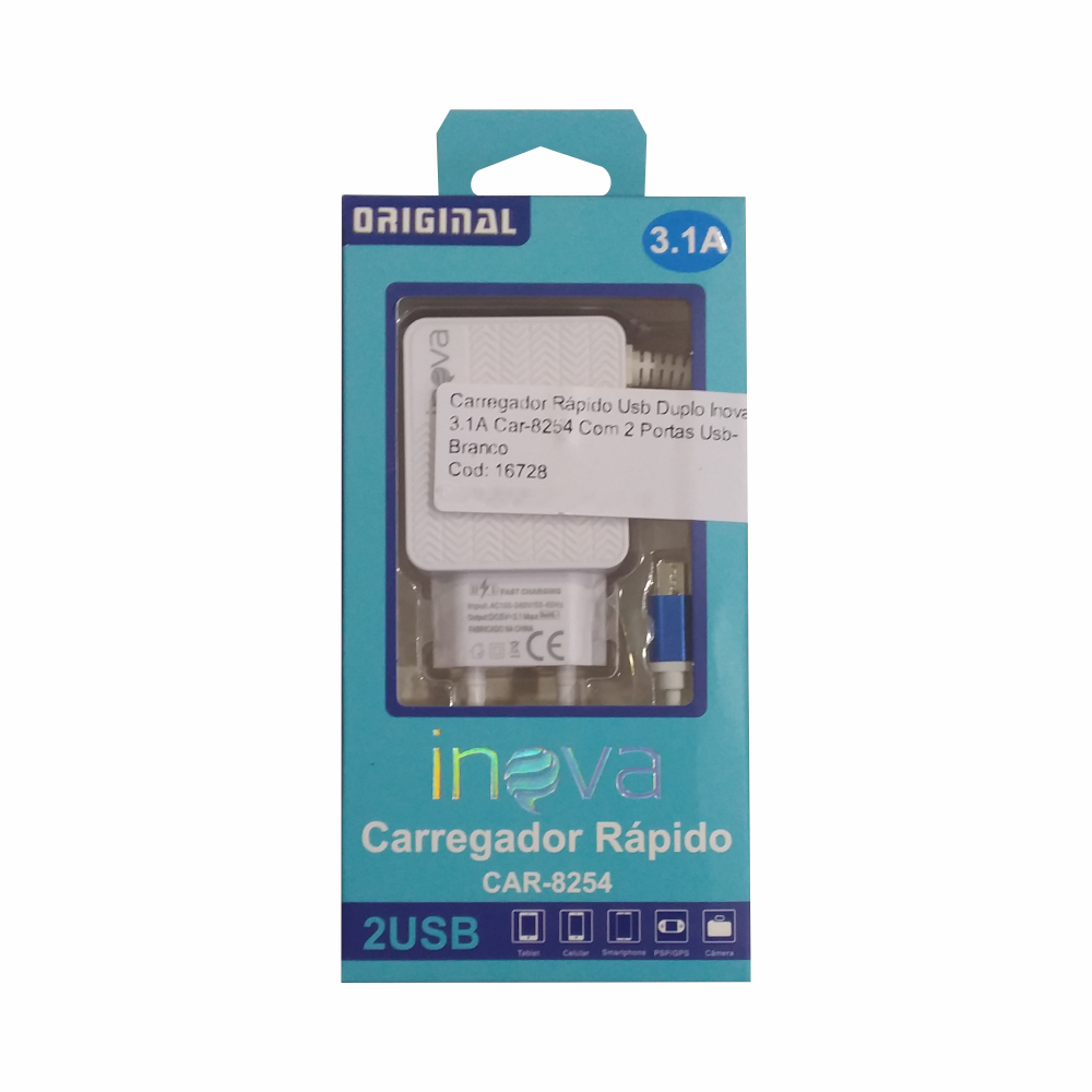 Carregador Rápido Usb Duplo Inova 3.1A  Car-8254 Com 2 Portas Usb- Branco