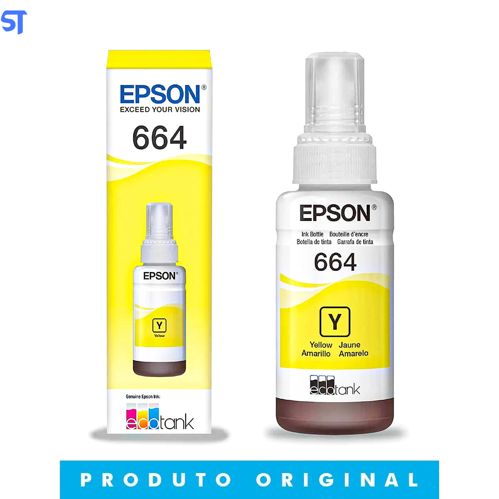 Refil de Tinta Epson 664 Amarelo T664420 AL Original - Rende até 6.500 Páginas Para Ecotank L110 / á L395 / L495