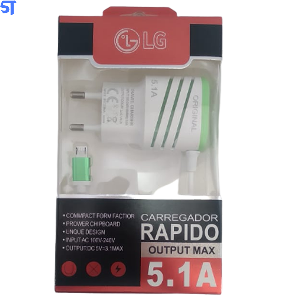 Carregador Rápido Com Duas portas Usb e 5.1A - Branco Com Verde- F-888