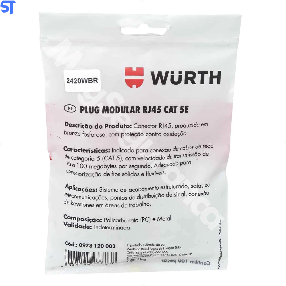 Plug Conector Modular RJ 45 CAT-5e Wurth Pacote com 100 (  Kit)
