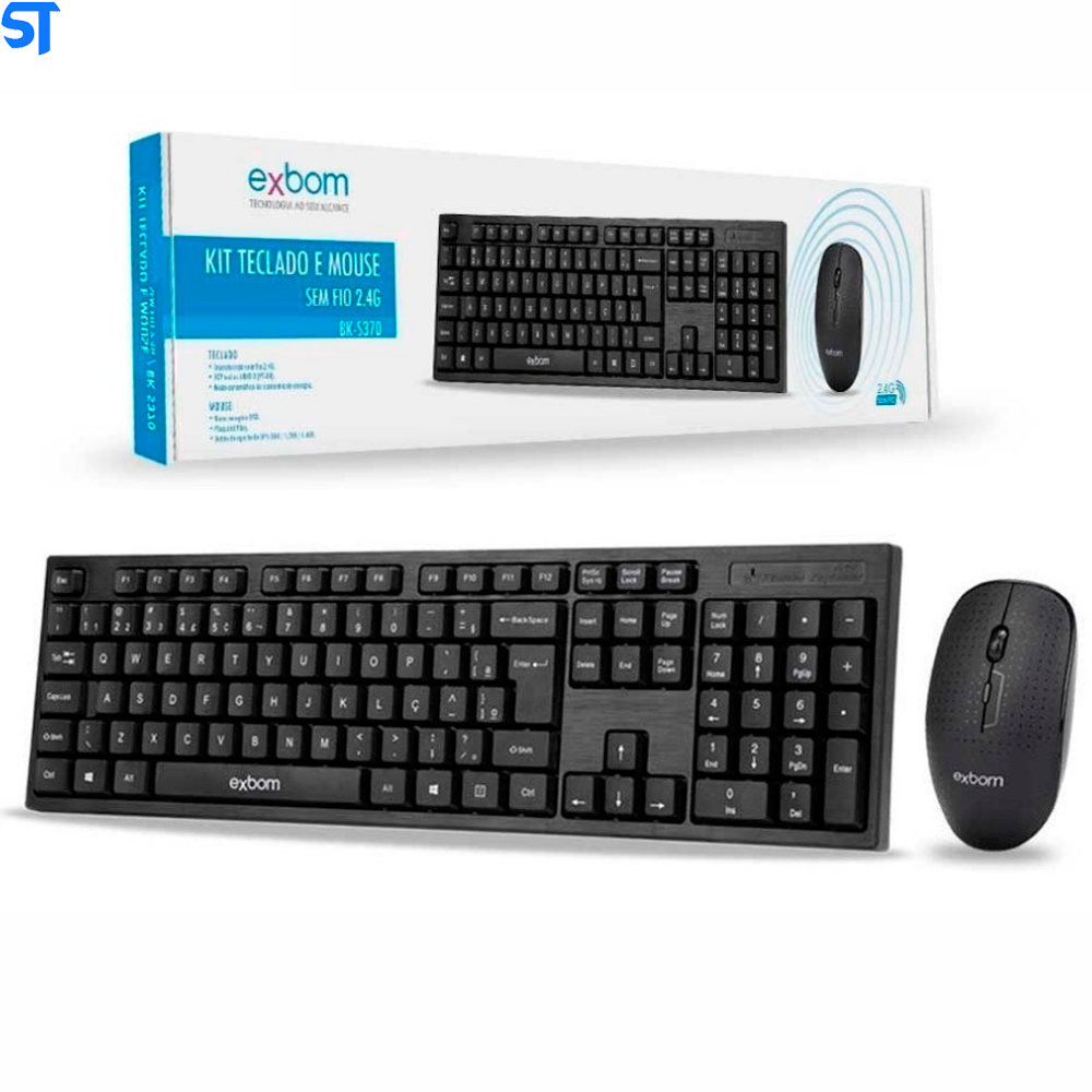 Kit Teclado e Mouse Sem Fio 2.4Ghz Abnt2 Ç 10M Plug And Play Exbom Bks370