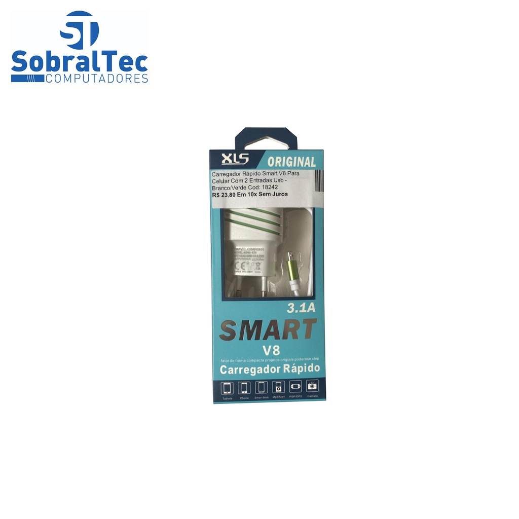 Carregador Rápido Smart V8 Para Celular Com 2 Entradas Usb