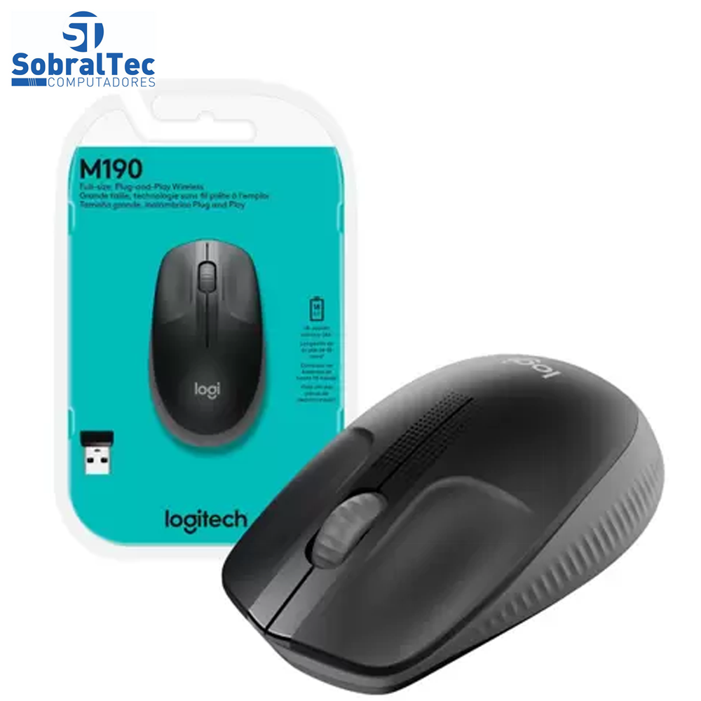 Mouse Sem Fio Logitech Óptico 1000DPI 3 Botões - M190 Preto