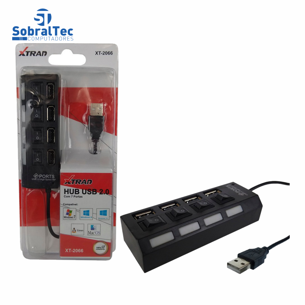 Hub Usb 2.0 Com 4 Portas Led Com Interruptor Suporta Dispositivos Com Até 500gb - XT-2066 Xtrad