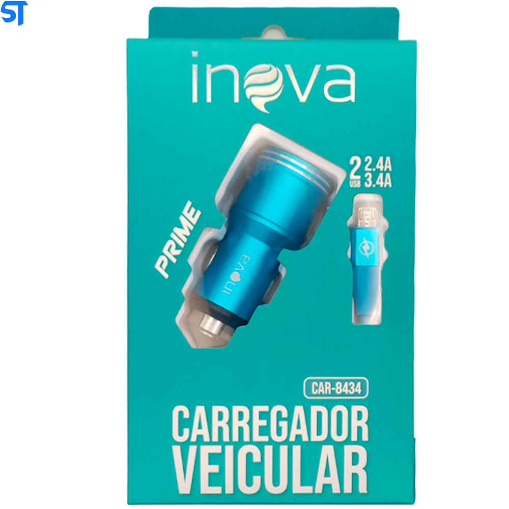 Carregador Veicular Prime Com Duas Usb 2.4A/ 3.4A Inova- Azul