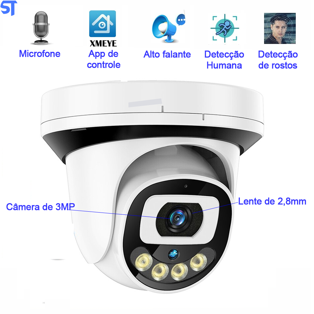 Câmera IP Dome 3MP Detecção De Movimento-Dual Array Leds IR / Visão Noturna-Onvif NVR Áudio de duas vias
