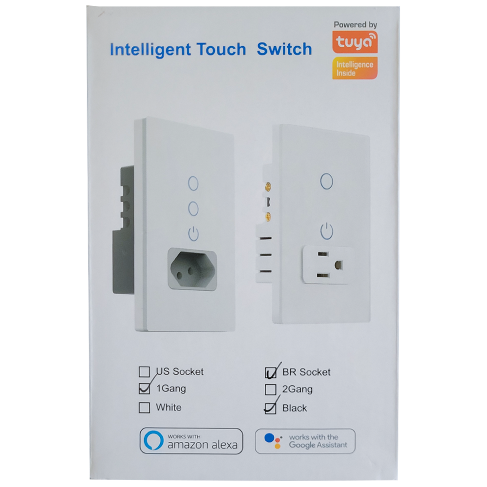 Interruptor Inteligente Para Casa Com Sokcet Padrão Brasileiro 1 Botão Com Amazon Alexa e Google Assistent Tuya - Preto
