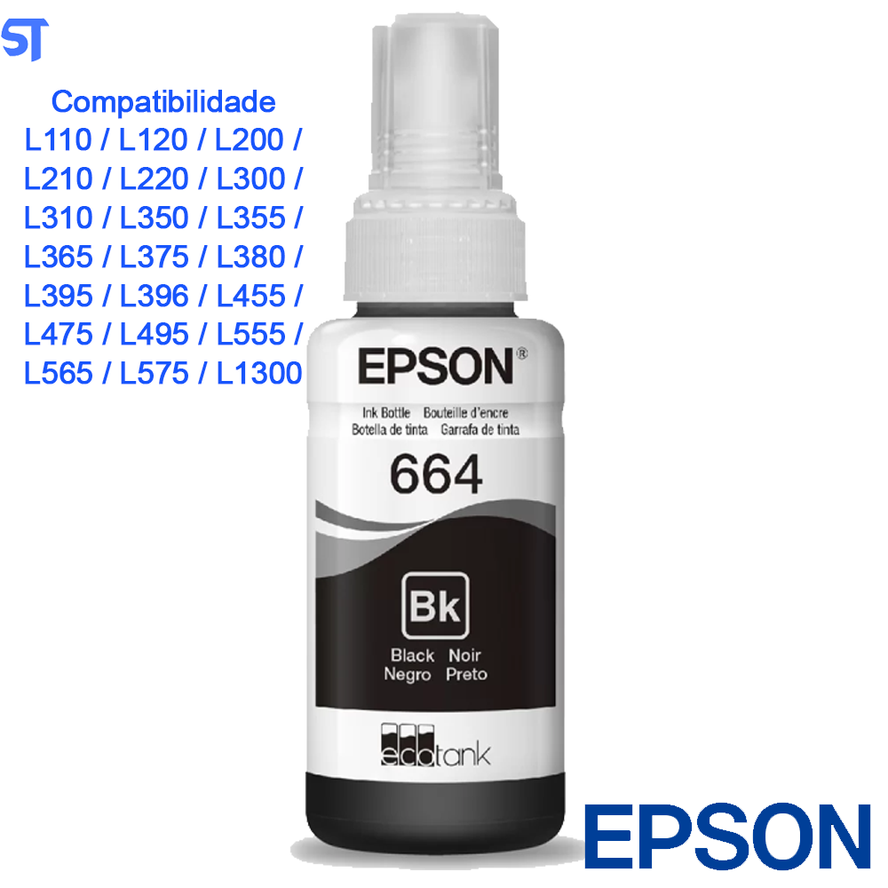 Refil de Tinta Epson 664 Preto  T664120 AL Original - Rende até 4.000 Paginas Para Ecotank L110 / á L395 / L495