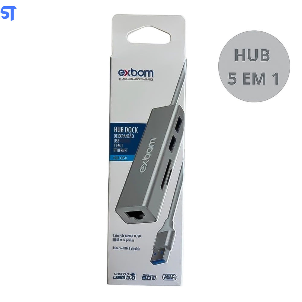 HUB Dock de Expansão com 2 Portas USB 3.0 + Leitor de Cartão TF/SD + Ethernet RJ45 10/100Mbps UHL-R350 - Exbom