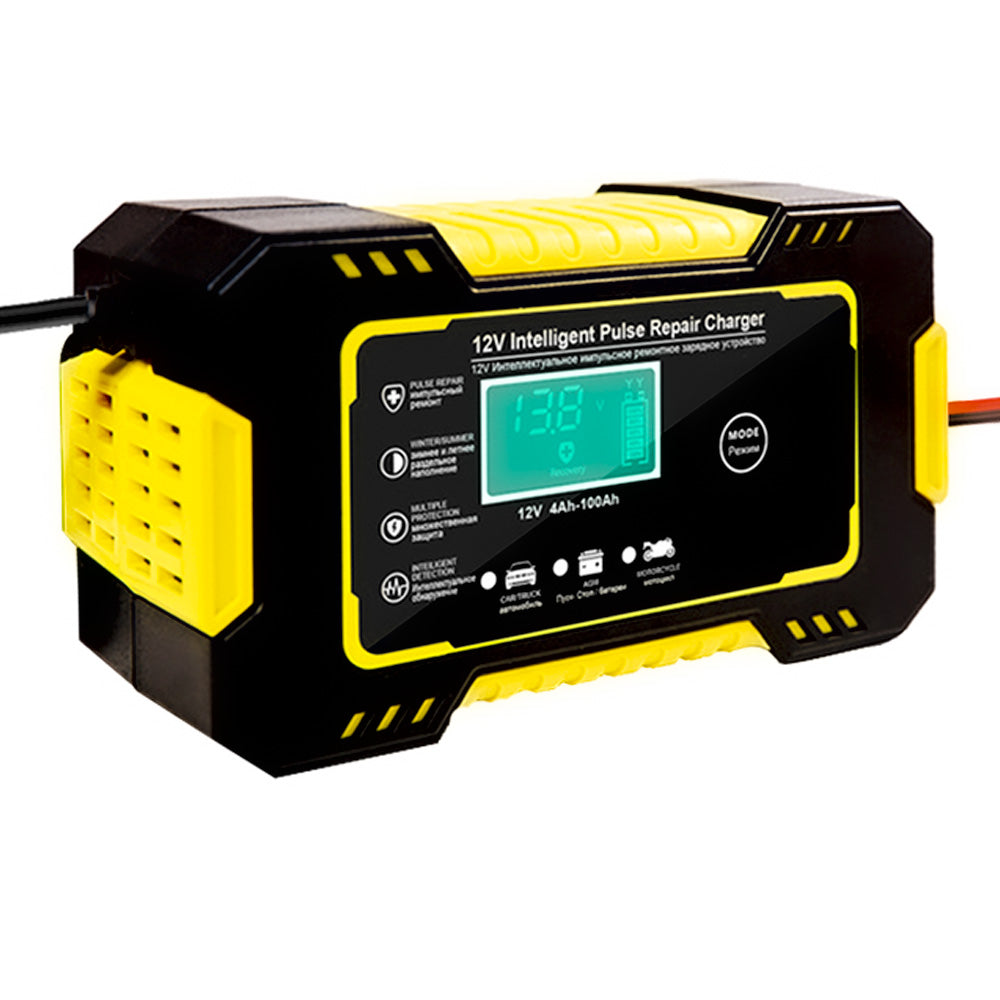 Carregador de Bateria de Carro 12V Carga Rápida Com Display Lcd Inteligente - Amarelo