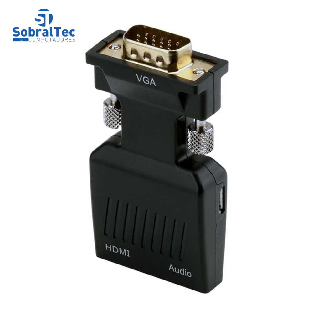 Conversor VGA Macho Para HDMI Fêmea Com Áudio Cabo P2 Macho E Cabo Usb- Preto