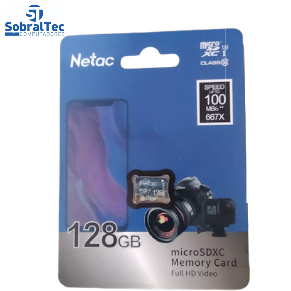 Cartão Micro SD Classe 10 U3 SDXC Netac 128Gb 100Mb/s De Leitura