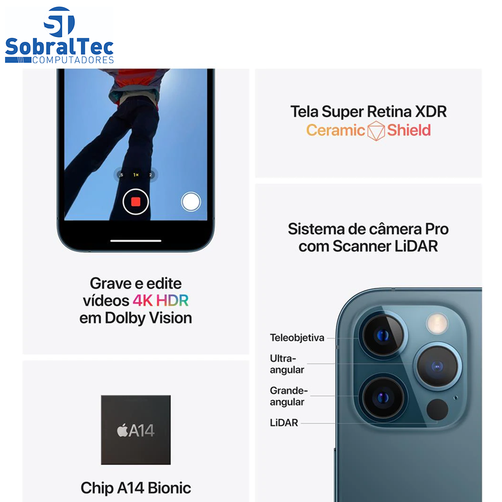 iPhone 12 Pro Max Apple 128GB Azul-Pacífico Tela de 6,7”, Câmera Tripla de 12MP, iOS