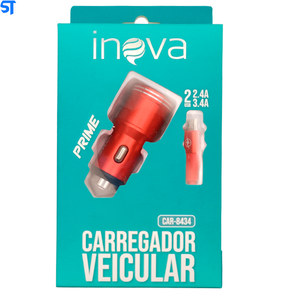 Carregador Veicular Prime Com Duas Usb 2.4A/ 3.4A Inova- Vermelha