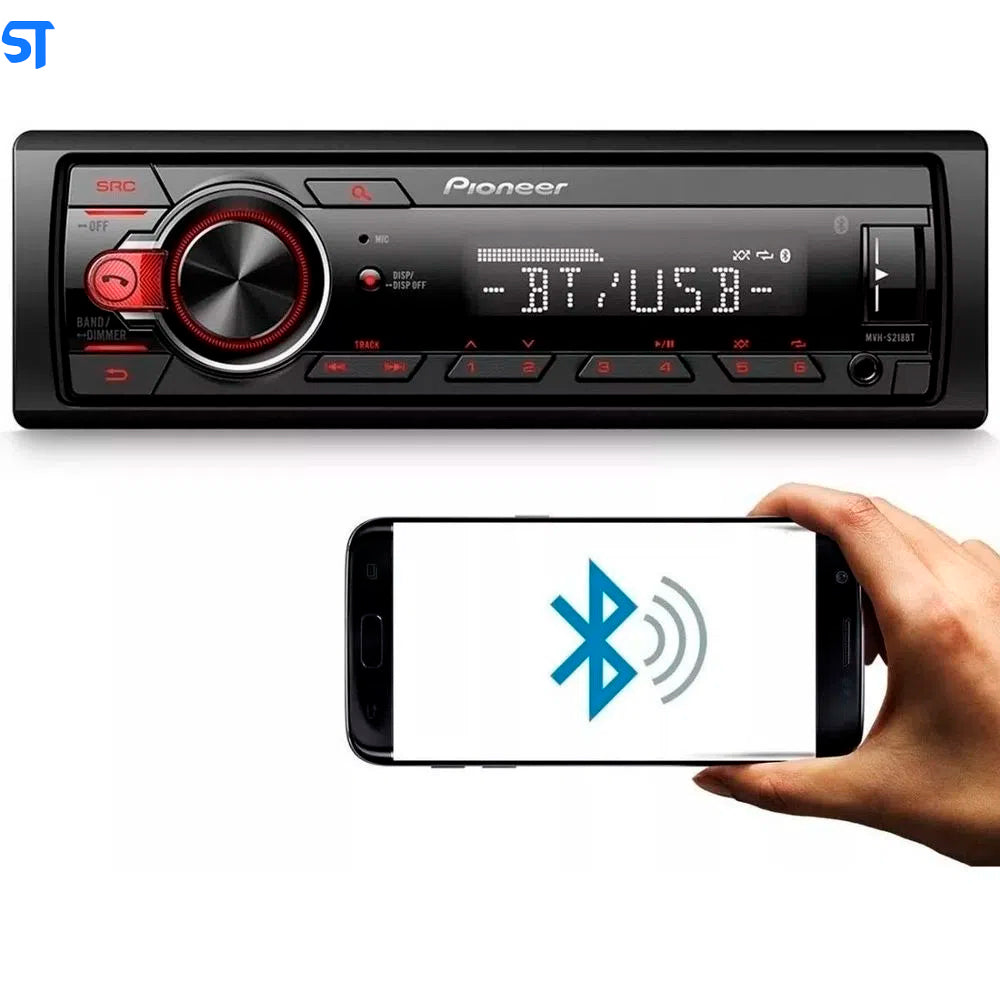 Som Automotivo Pioneer MVH-S218BT, Entrada Auxiliar Frontal, Bluetooth, Viva Voz, Entrada USB, Rádio AM/FM.