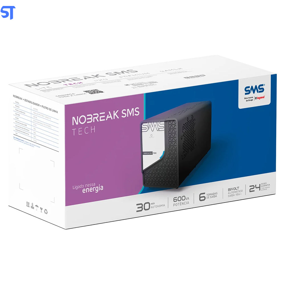 Nobreak Interativo Sms Tech 600va, Entrada Bivolt, Saida 115v - 29300 Com 6 Tomadas