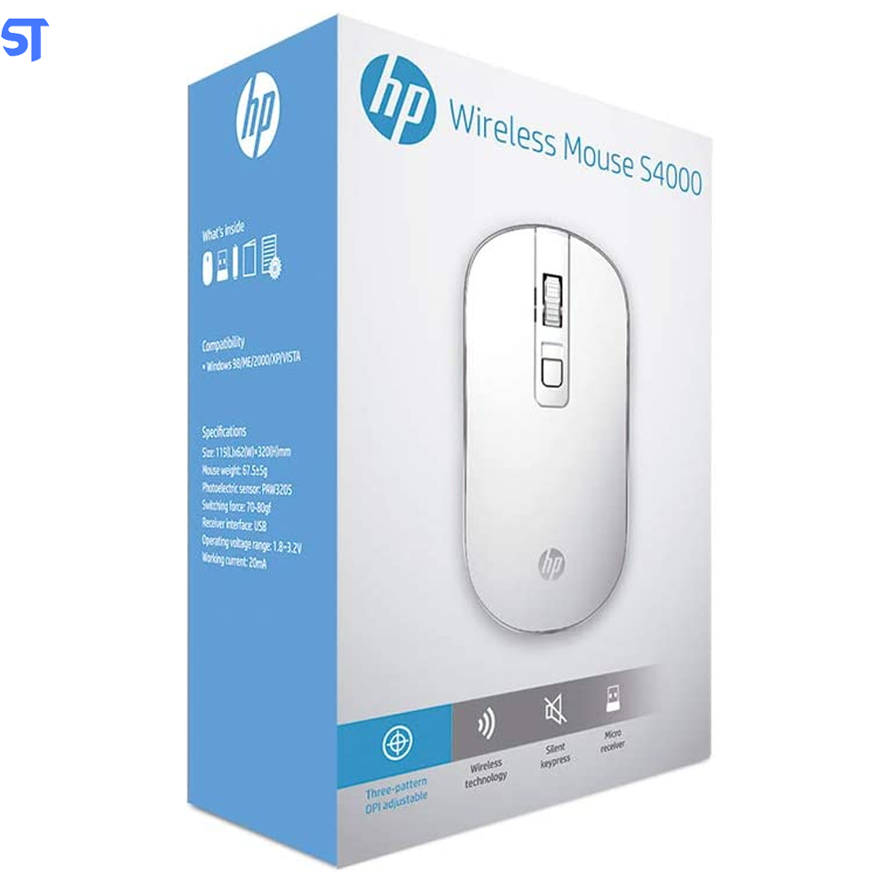 Mouse Sem Fio HP S4000 Branco - Sensor Óptico Silencioso Ambidestro Resoluções até 1600 DPI - 4NE23PA
