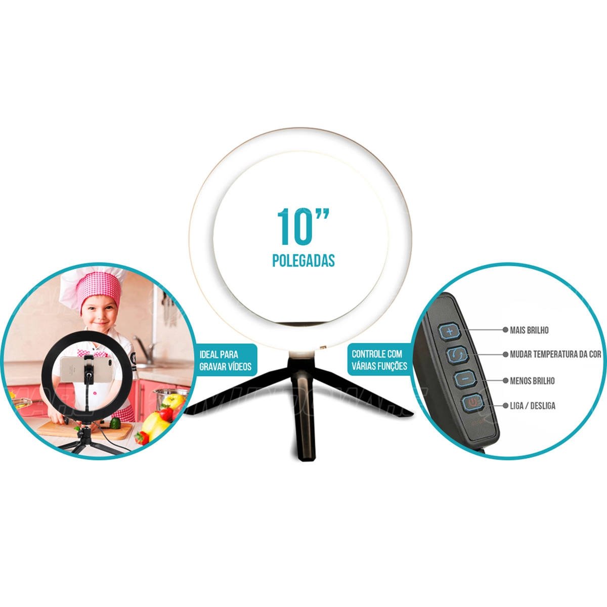 Ring Light LED 10 Polegadas 26cm 120 LEDs Dimmer 3200K à 5600K Tripé de Mesa Iluminador em 3 Cores e 5 Níveis de Brilho