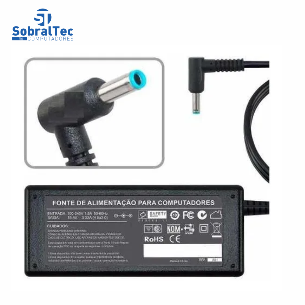 Fonte Notebook Compativel Com Hp - 19.5V 3.33A 65W - 4.5Mmx3.0Mm - Agulha - Pino L