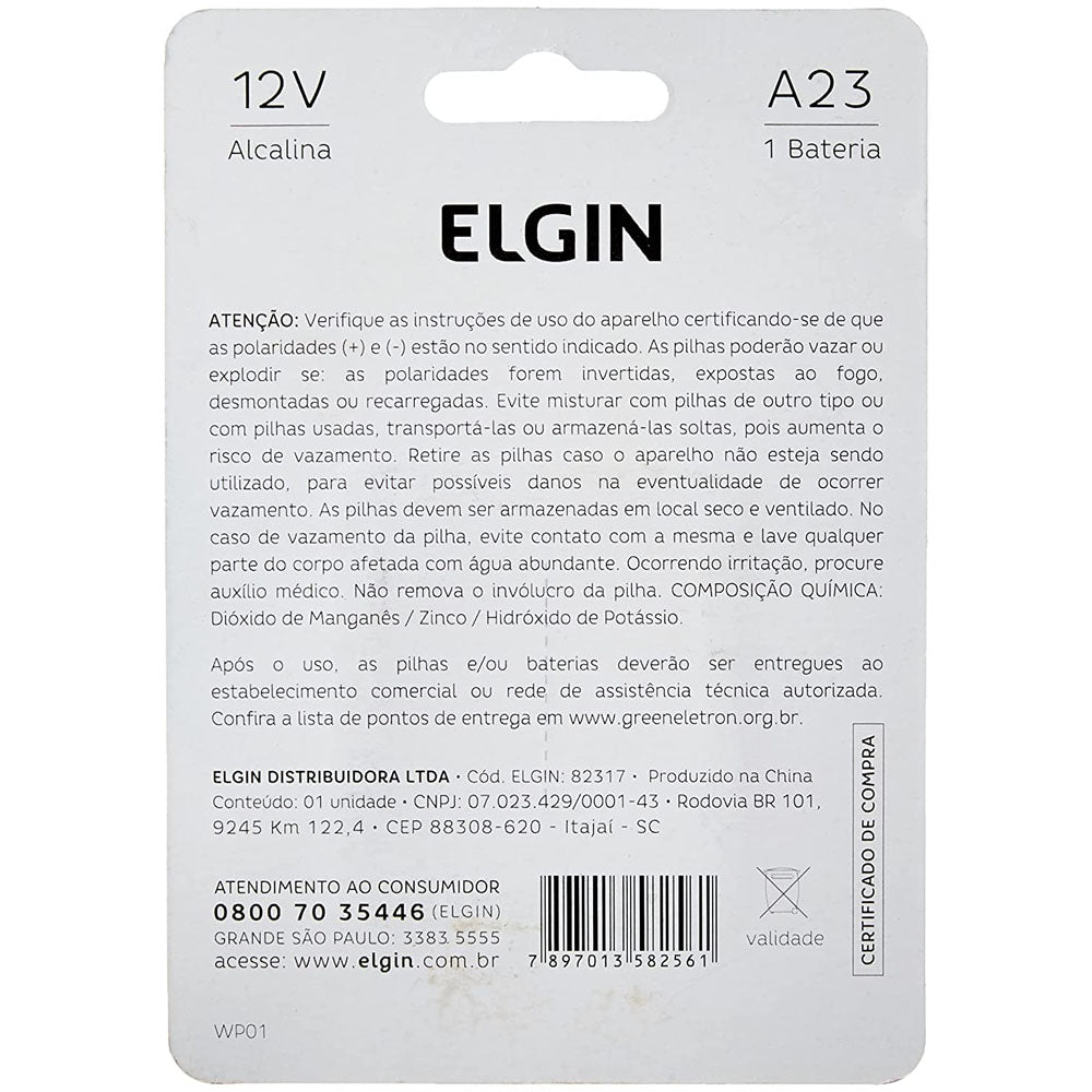 Bateria A23 12V Cartela Com 1 Unidade Blister  Elgin ELE000000082317