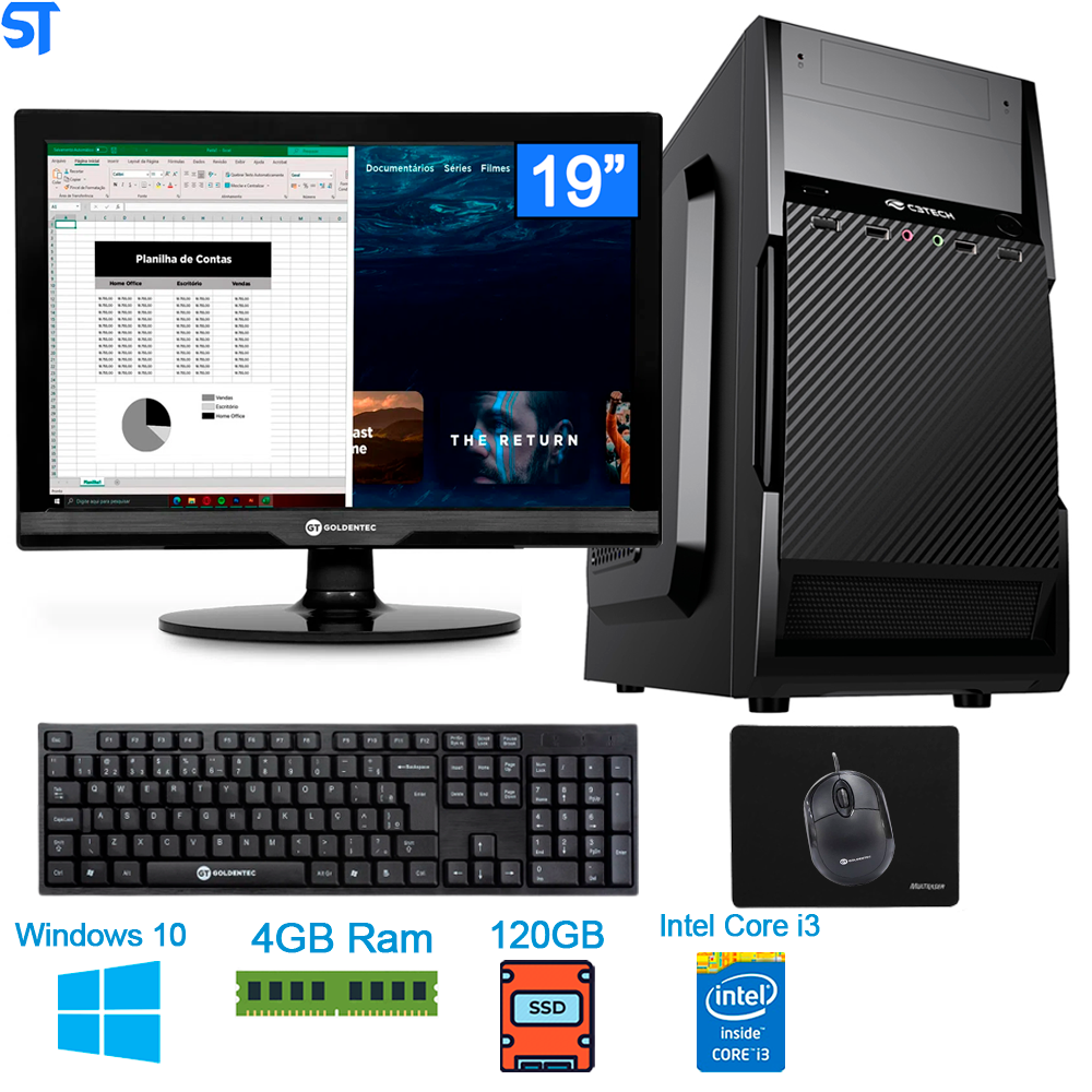 Computador Core i3-2100-HD SSD 240GB King-Memória Ram 4GB- Com Monitor 19 HDMI- Teclado e Mouse e MousePad- Windows 10