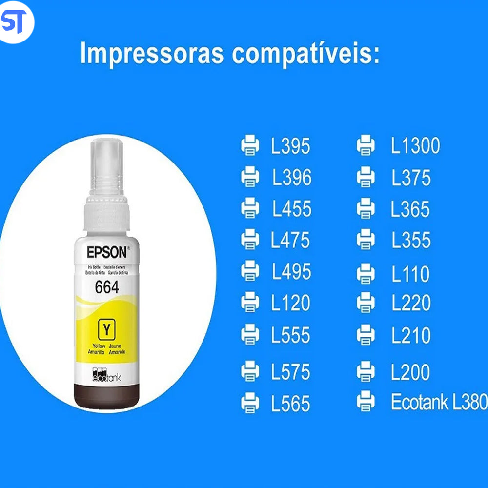 Refil de Tinta Epson 664 Amarelo T664420 AL Original - Rende até 6.500 Páginas Para Ecotank L110 / á L395 / L495