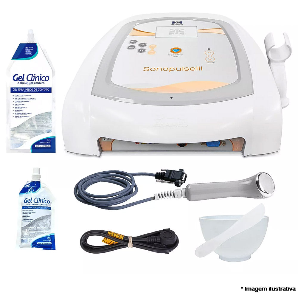 Aparelho De Ultrassom Sonopulse Iii Ibramed Duplo 1 E 3 Mhz Com Gel 1KL- Cubeta 200ML e Espatula
