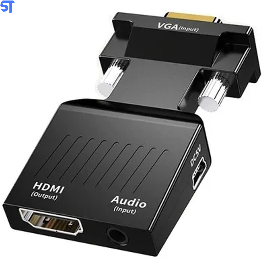 Conversor VGA Macho Para HDMI Fêmea Com Áudio Cabo P2 Macho E Cabo Usb- Preto