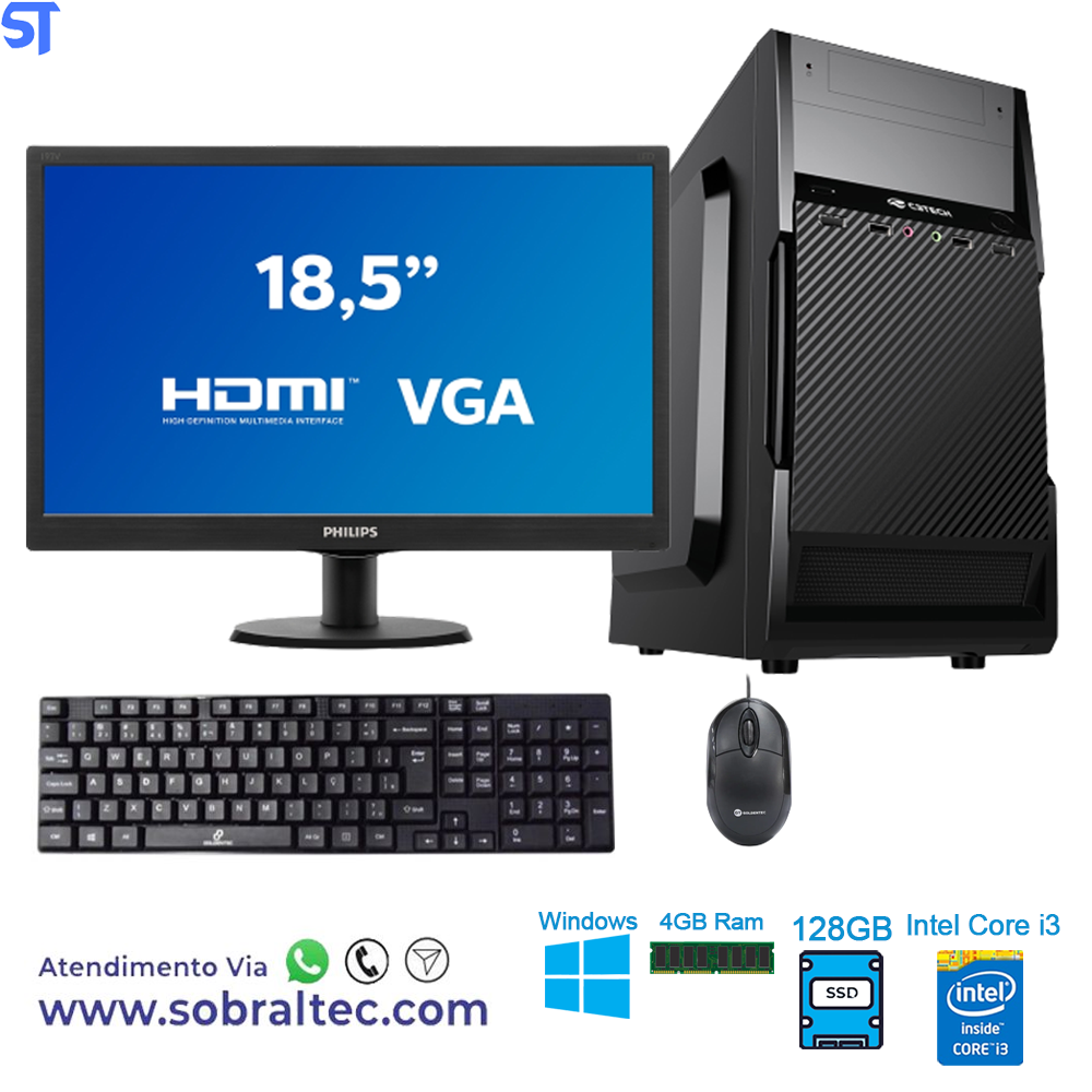 Computador Core i3-2120-HD SSD 128GB -Memória Ram 4GB- Com Monitor 18,5 HDMI- Teclado e Mouse