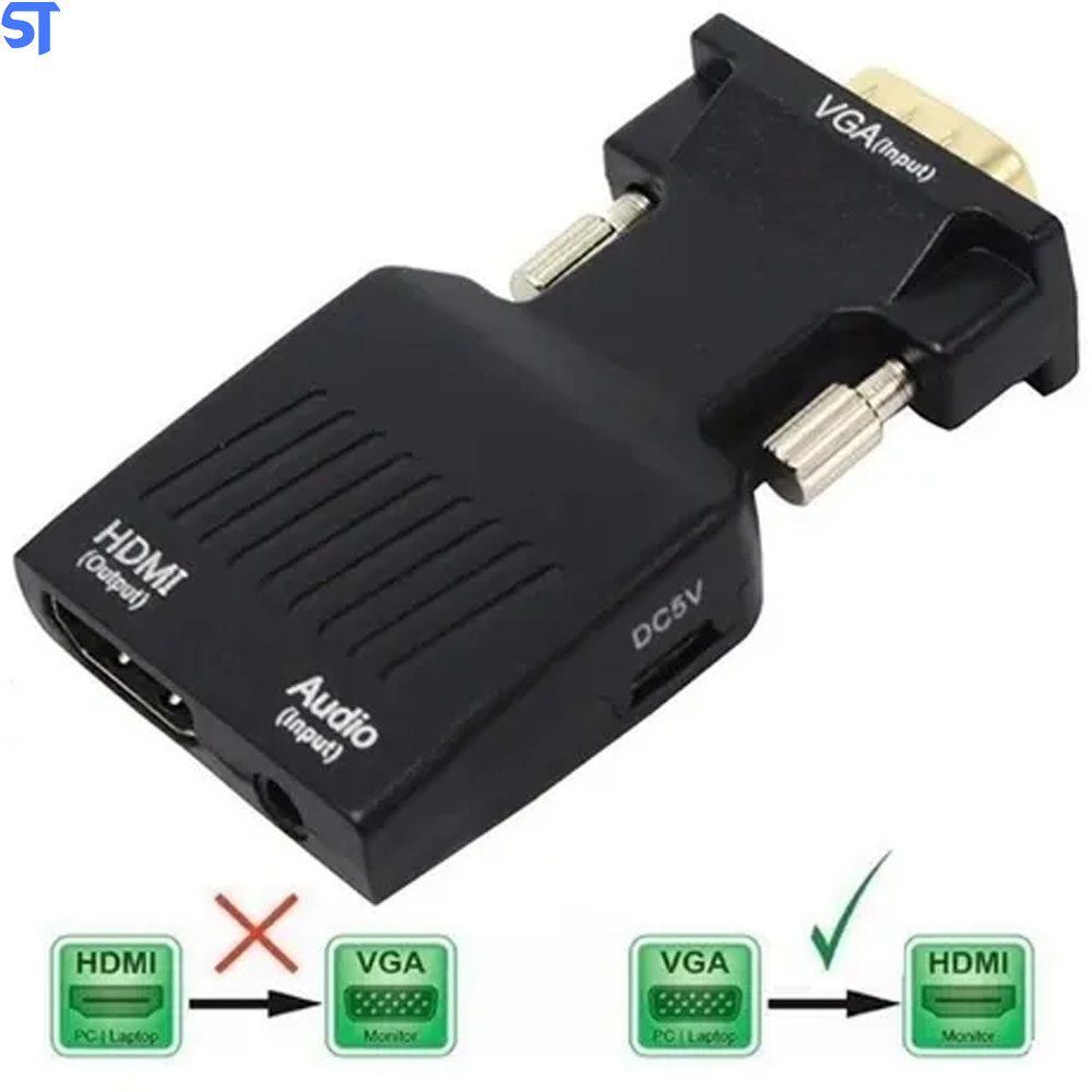 Conversor VGA Macho Para HDMI Fêmea Com Áudio Cabo P2 Macho E Cabo Usb- Preto