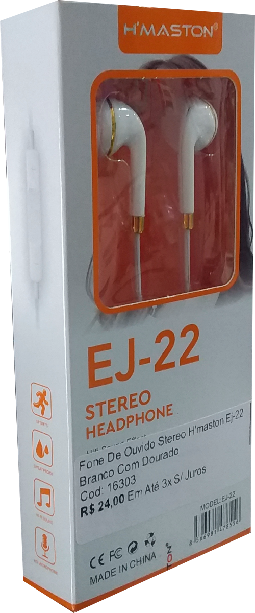 Fone De Ouvido Stereo H'maston Ej-22 Branco Com Dourado