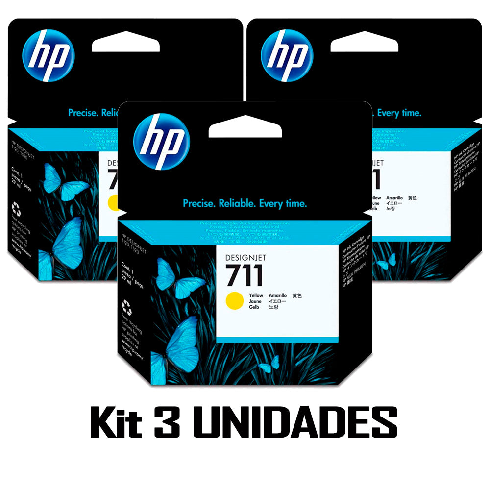 Kit 3 Unidades Cartucho de Tinta HP DesignJet 711 | T120, T130, T520 | 29ml Amarelo HP Original - CZ132AB